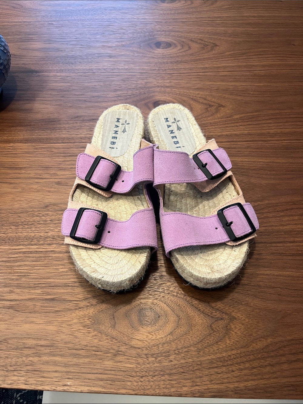 Manebi size 8/38 purple and peach suede sandals with espadrille rope foot bed